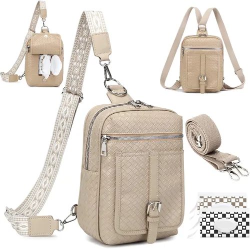 Vista 12 de Bolso Bandolera Mochila Cruzada - 2 en 1 Bolso Cruzado de Cuero Riñonera con 2 Correas Extraíbles Mini diaper bag, Instant Wipes pocket