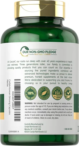 Vista 3 de Carlyle Cápsulas de ginseng coreano 2000 mg 200 unidades Suplemento de extracto de Panax estandarizado Fórmula sin OMG y sin gluten