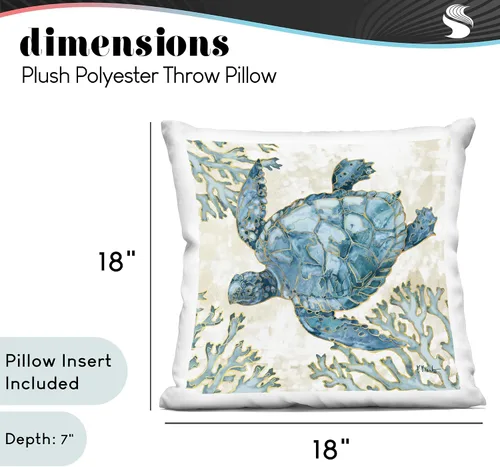Vista 4 de Stupell Industries Paul Brent - Almohada de natación azul con diseño de tortuga marina y contorno de coral, 18 x 18 pulgadas
