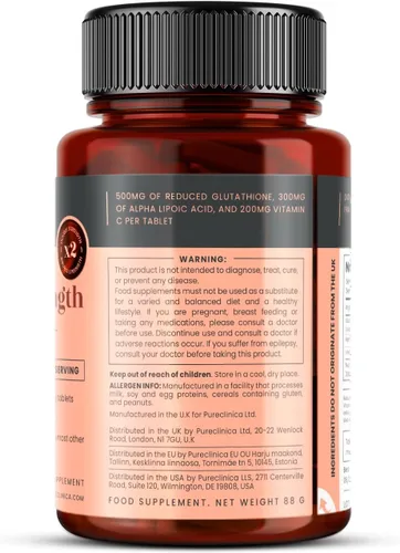 Vista 7 de pureclinica Glutatión 1000mg – 120 tabletas (2 x 60) Alta resistencia con 500 mg de glutatión, 300 mg de ALA, 200 mg de vitamina C Apoyo