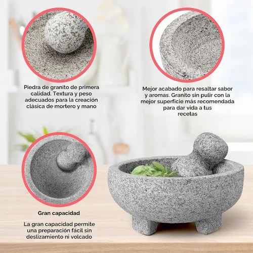 Vista 8 de Alpine Cuisine Juego de molcajete de mortero y mortero de granito de 8 pulgadas, granito sin pulir, tazón de molinillo de especias para salsa Piedra