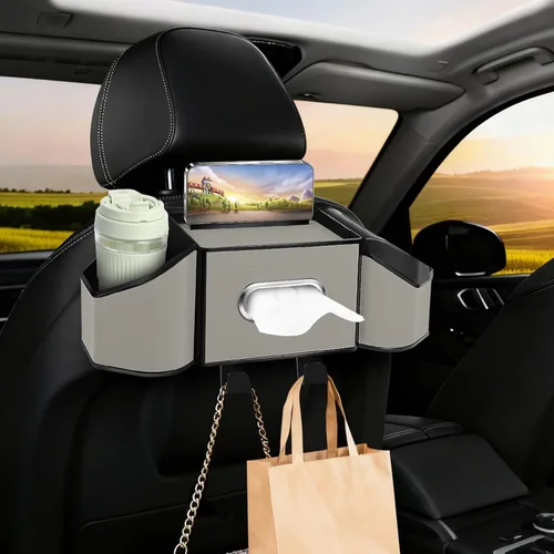Vista 11 de Organizador de respaldo de asiento de automóvil 7 en 1 con portavasos, caja de pañuelos, cubo de basura y ganchos, organizador de almacenamiento