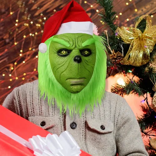 Vista 6 de MAKEATREE Máscara de monstruo de ladrón verde de Navidad máscara de látex de cara completa accesorios de decoración para adultos