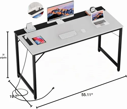 Vista 3 de iSunirm Escritorios para computadora de 55 pulgadas con tomas de corriente y puertos de carga USB, escritorio de oficina moderno para espacios