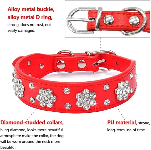 Vista 2 de Serijoars Collar para perro y gato con diamantes de imitación - Collar brillante de cuero PU ajustable, tallas XS, S, M (XS, negro)