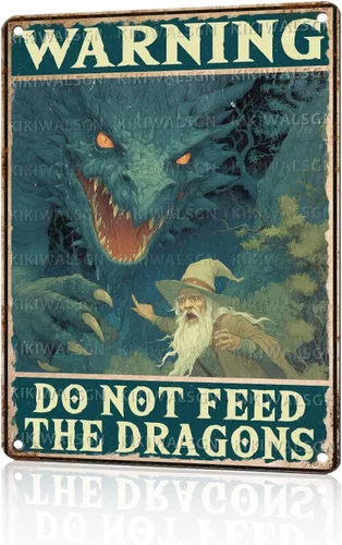 Vista 13 de Letreros metálicos para decoración de pared con diseño de dragón, con texto en inglés "Do Not Meddle in the Affairs of Dragons", divertido póster