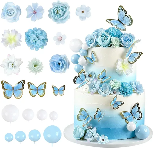 Vista 8 de 38 bolas de oro rosa para decoración de tartas, flores artificiales rosadas, decoraciones de pasteles de mariposa para decoración de pasteles