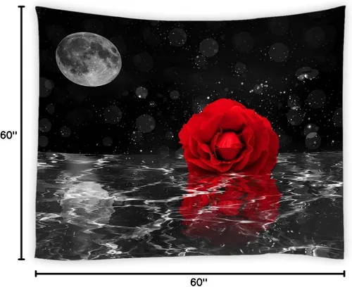 Vista 3 de AMFD Tapiz de rosas rojas, flores bajo la luna, cielo estrellado negro, reflejo en flor de agua, floral, romántico, decoración del hogar, arte