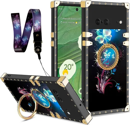 Vista 67 de nancheng Funda para Google Pixel 6 de lujo, diseño de abeja, corazón y abeja, chapado en oro, con anillo de diamante de 360°, correa de cordón