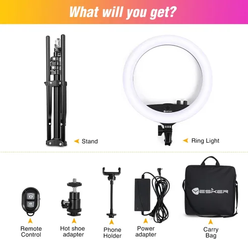 Vista 9 de Anillo de luz con soporte de trípode, kit de anillo de luz LED de 14 pulgadas Yesker con soporte para teléfono, temperatura de color ajustable