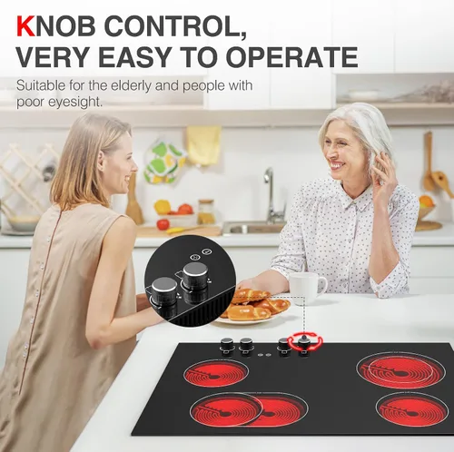 Vista 4 de Placa de cocina eléctrica, encimera eléctrica integrada de 30 pulgadas con 4 elementos, control táctil y de perilla, 9 niveles de calefacción