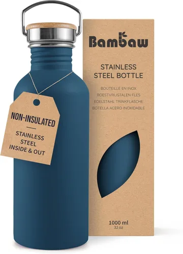 Vista 15 de Bambaw Botella de agua de acero inoxidable de 16 onzas, botella deportiva azul marino, no aislada, de pared simple, botella de agua pequeña de metal