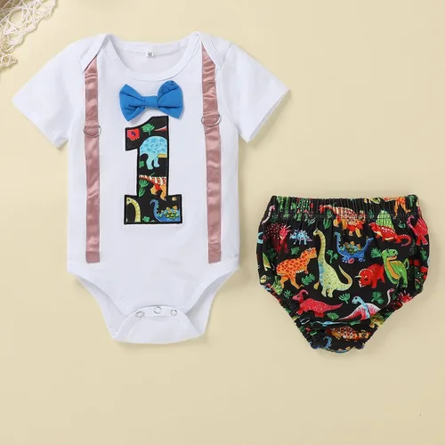 Vista 33 de IDOPIP Traje formal para bebé niño para el primer cumpleaños de Cake Smash con corbatín y tirantes y pantalones cortos para sesión de fotos