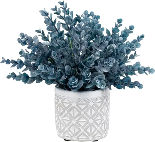 Vista 12 de MyGift Planta artificial de eucalipto en macetas modernas de hormigón gris con patrón geométrico en relieve (1, negro)