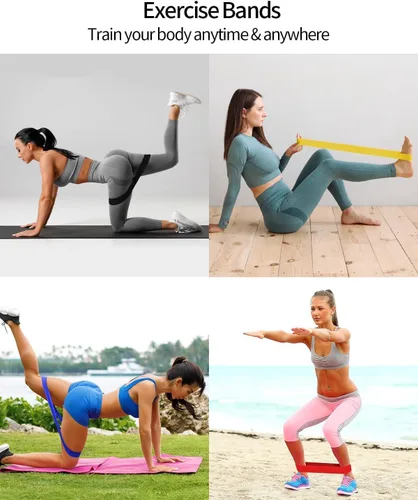 Vista 6 de Juego de bandas de resistencia de 5 niveles: bandas de ejercicio respetuosas con la piel para fitness en casa, yoga, entrenamiento de piernas
