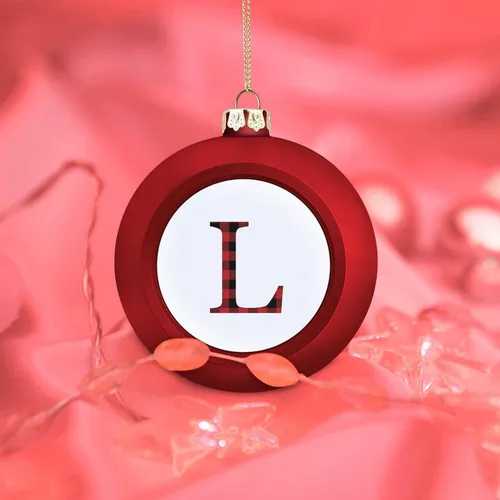 Vista 7 de Decoración de letras iniciales, adorno de bola de Navidad, negro y rojo, búfalo a cuadros, letra L, adornos de Navidad, recuerdo de recuerdo, regalo