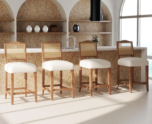 Vista 12 de EALSON Farmhouse - Juego de 2 taburetes de bar de cocina de altura de mostrador con respaldo, sillas de bar de madera modernas de mediados de siglo