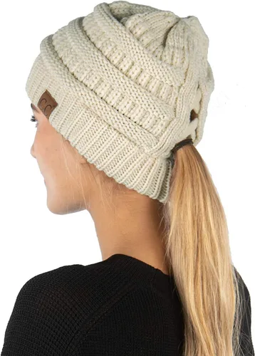 Vista 19 de Funky Junque - Gorro de coleta para mujer – Gorro de invierno con cola de caballo cruzada para mujer, cálidos y lindos gorros de punto con cola