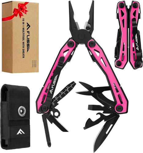 Vista 8 de FLISSA Alicates multiherramientas 16 en 1, regalos para hombres, multiherramienta EDC de acero inoxidable con cuchillo de bolsillo, clip