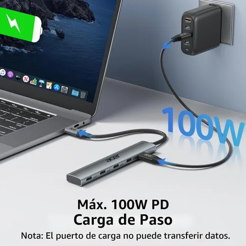 Vista 4 de Acer Hub USB C de 10 Gbps, divisor USBC con 4*USB C 3.2 y puerto PD de 100W, adaptador multipuerto de transferencia rápida tipo C compatible