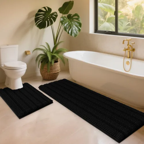 Vista 101 de ACCUMTEK - Juego de alfombras de baño a rayas beige de 3 piezas, ultrasuaves, antideslizantes de chenilla, alfombras de baño mullidas y absorbentes