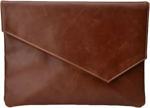 Vista 2 de Maletín de cuero para hombre, bolso de mano con solapa tipo sobre, Marrón