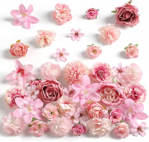 Vista 15 de rongflower Cabezas de flores falsas para manualidades, rosas artificiales de seda negra, peonías, margaritas y cabezas florales (paquete de 48)