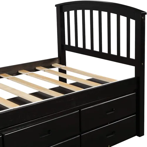 Vista 9 de Cama de almacenamiento de plataforma de tamaño individual, sofá cama de capitán con 6 cajones y base de cama individual con cabecera y estribo