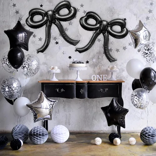 Vista 4 de 2 piezas de decoraciones de cumpleaños con lazo, globos de lazo negro, decoraciones de fiesta con lazo, globo gigante de papel de aluminio