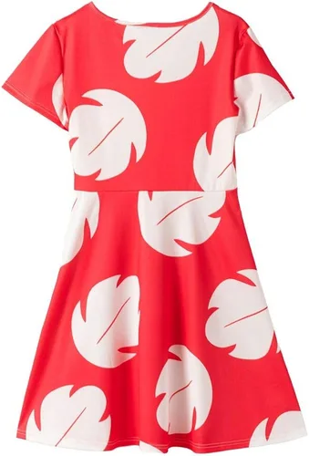 Vista 6 de Vestido de cosplay para mujer, vestido rojo de manga corta hasta la rodilla, vestido de fiesta de noche, vestido rojo lilo, Rojo
