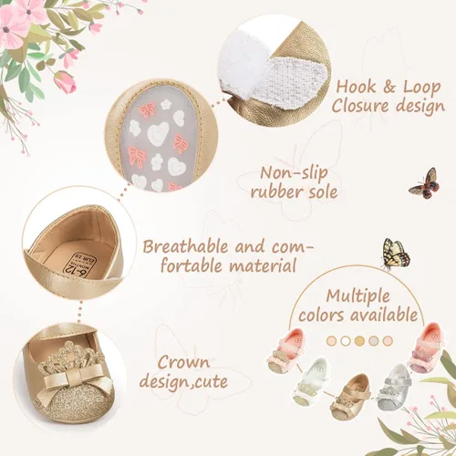 Vista 2 de Bellocasa Baby Mary Jane - Zapatos planos para niñas con lazo de algodón con suela antideslizante para el primer caminante, vestido de princesa