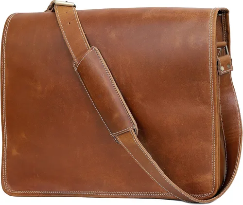 Vista 3 de VC VINTAGE COUTURE 18 pulgadas cuero completo solapa mensajero hecho a mano bolsa portátil bolsa bolsa bolsa de mensajero acolchado marrón, Marrón