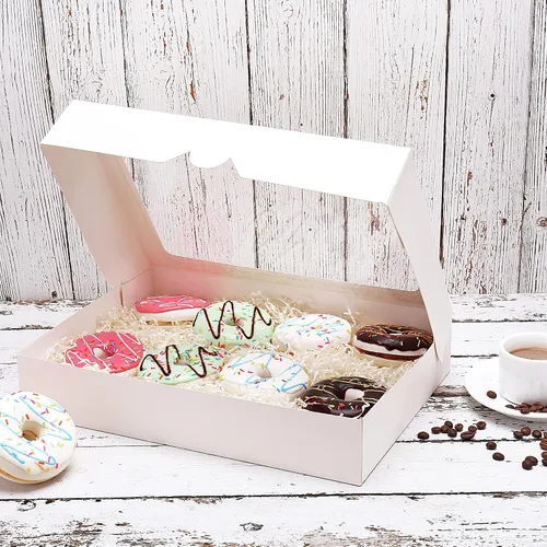 Vista 4 de RIFMEAE Cajas para galletas, cajas de panadería blancas de 14 x 10 x 2.5 pulgadas con ventana, cajas de dulces de despliegue automático, cajas