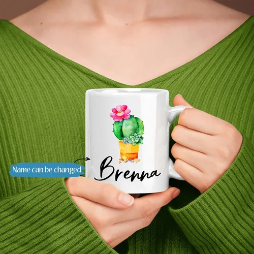 Vista 2 de Taza de café personalizada de cactus, taza de flores de cactus con nombre, taza de té de cactus, taza de cerámica con nombre personalizado, regalos