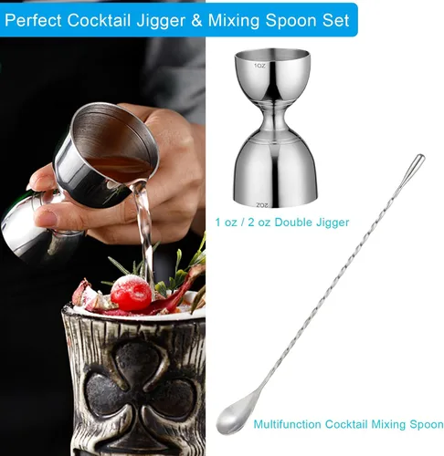Vista 2 de Bell - Jigger de cóctel con marcas de medición (1 oz, 2 onzas) y cuchara mezcladora, juego de camarero