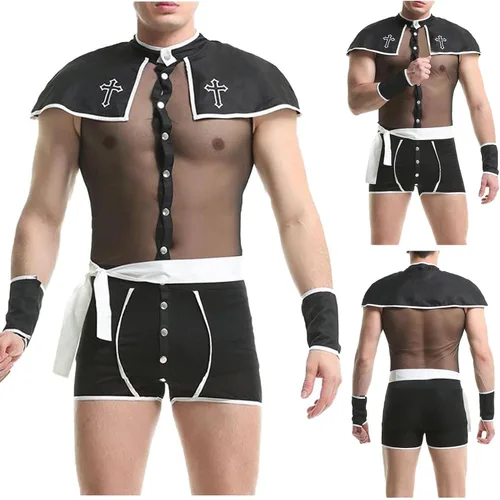 Vista 2 de Nzwiluns Conjunto de lencería sexy para hombre, disfraz de vaquero para cosplay, traje de lencería transparente para juegos sexuales y traviesos