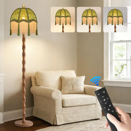 Vista 13 de Lámparas de pie doradas para sala de estar, dormitorio, lámpara de pie de cristal con control remoto y pantalla rosa, lámpara de pie regulable
