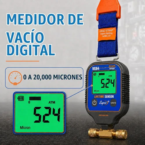 Vista 2 de Supco VG64 calibre de vacío con pantalla digital, rango de 0 a 12 000 micrones, precisión de 10%, conexión para adaptador de campana macho de 0.25