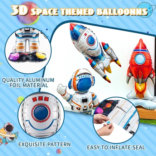 Vista 4 de RoundFunny 8 globos de cohete para el espacio exterior, globos de aluminio para astronautas espaciales, naves espaciales, cohetes, temática