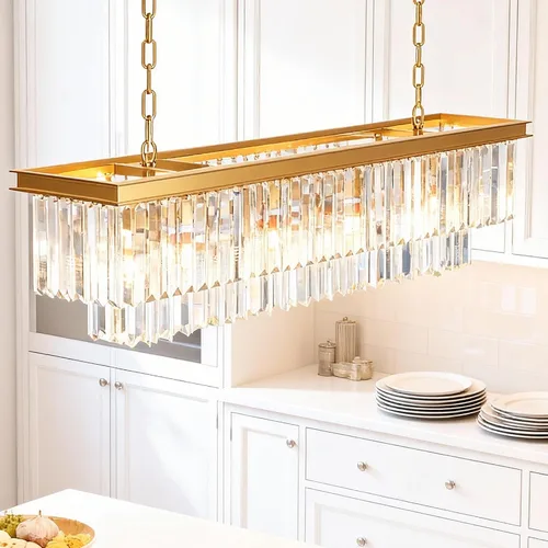 Vista 9 de Lámpara de Araña Moderna de Cristal K9, Luminaria Colgante de Techo Rectangular con 8 Luces para Comedor y Cocina, Acabado en Cromo, L33.5 Pulgadas