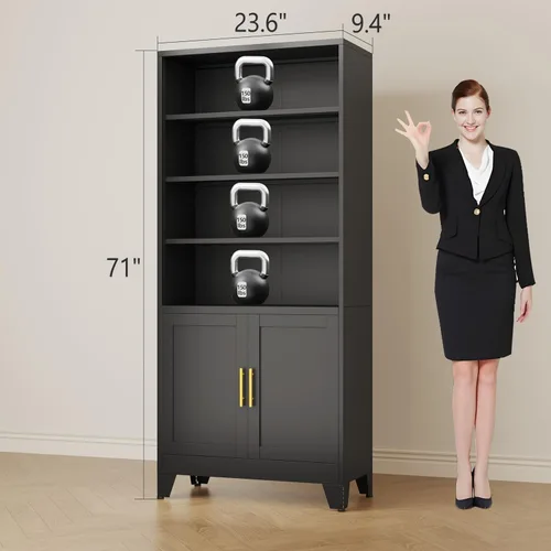 Vista 2 de erosoei Librerías y estanterías de metal de 71 pulgadas de alto con 2 puertas y estantes ajustables, armario de almacenamiento alto, estantería