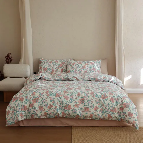 Vista 23 de EAVD Elegante funda de edredón floral pequeña, tamaño individual, suave, 100% algodón, con estampado floral pequeño, con 2 fundas de almohada