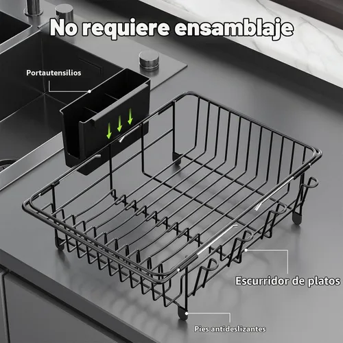 Vista 9 de Dish Drying Rack in Sink: Expandable, 3-Slot Utensil Holder, Anti-Slip Handle. Small Dish Rack: Ideal for Small Households. Kitchen Drying Rack Black