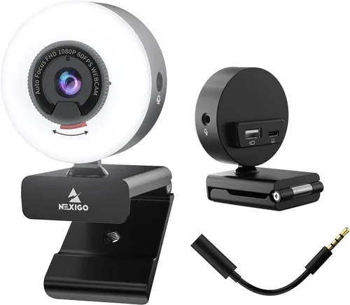 Vista 10 de NexiGo N930E Pro, cámara web 4K con luz de anillo, enfoque automático PDAF, 1080P @60FPS, micrófonos con doble cancelación de ruido, obturador