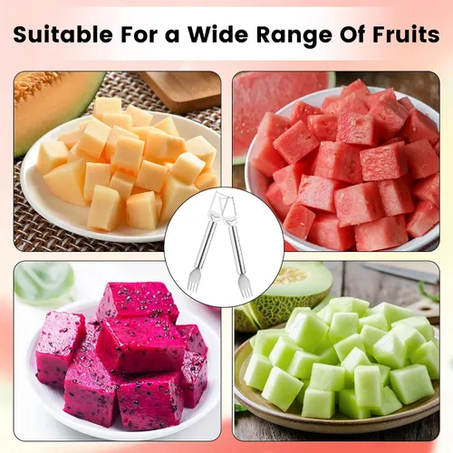 Vista 7 de Cortador de frutas de acero inoxidable 2 en 1, herramienta de corte de tenedor de sandía 2026, cuchillo cortador de sandía de doble cabezal