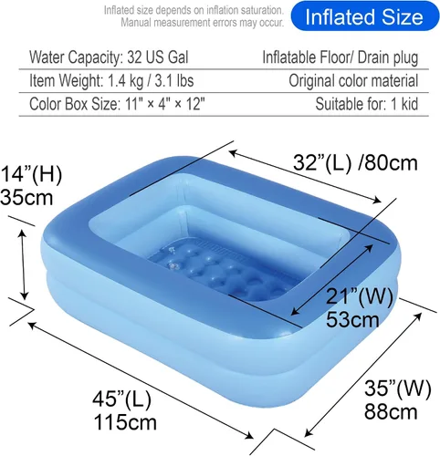 Vista 3 de HIWENA Piscina inflable para niños, 45 x 35 x 14 pulgadas, piscina azul para niños, bañera de verano con suelo suave inflable
