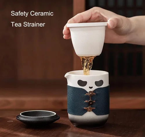 Vista 6 de Juego de té de viaje, bonita taza de té panda con bolsa portátil, tetera de cerámica china de gongfu de 13 onzas con 4 tazas de té de cerámica