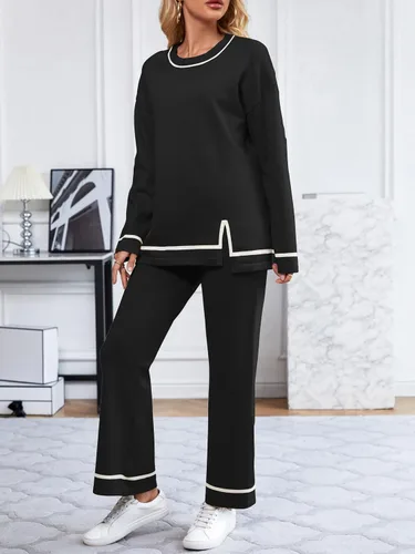 Vista 4 de I2CRAZY Conjunto de suéter para mujer, 2 piezas, manga larga, cuello redondo, cintura alta, pierna ancha, conjuntos de ropa de descanso