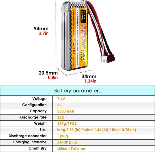 Vista 2 de 1 unids 7.4V 35C 3500mAh T Plug XT60 Plug Li Batería para WLTYOS 104001 144010 144001 124007 124016 124017 124018 124019 MJX 14301 1 1 4302 14210