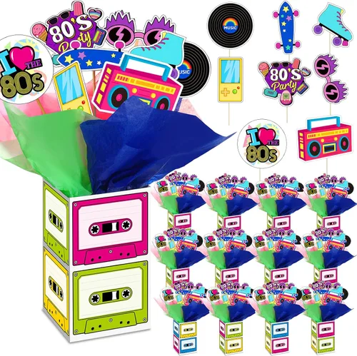 Vista 7 de 6 juegos de decoraciones retro de los años 80 para fiestas de los 80, centros de mesa retro de hip hop con caja de cinta de casete recortes y palos